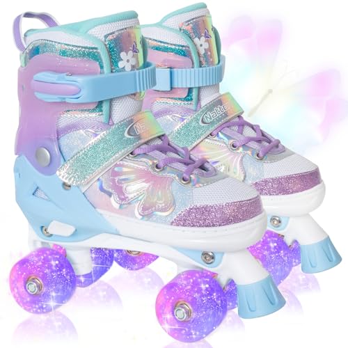 Nattork Kids Adjustable Purple Roller Skates for Girls & Boys with Light-Up Wheels, Butterfly Design, 4 Sizes