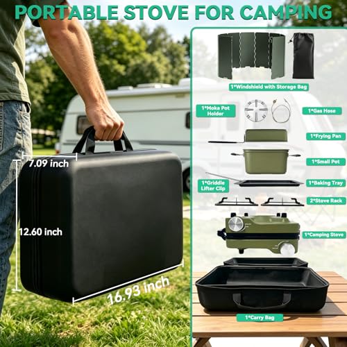Green 2 Burner Portable Propane Camping Stove Kit with Frying Pan & Pot - Foldable Hiking Cookware Set