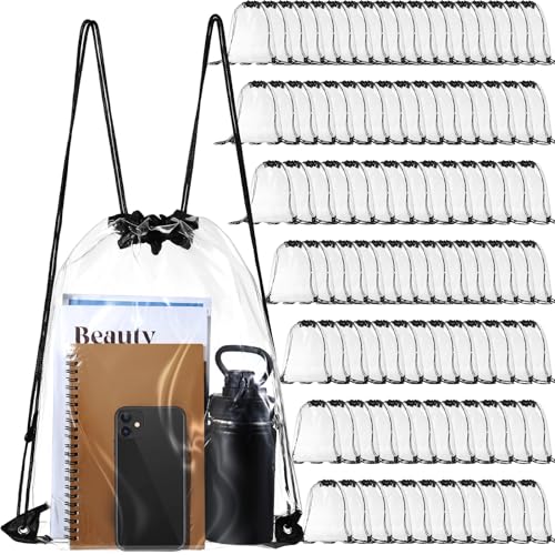 100 Pack Clear Drawstring Backpacks Bulk Stadium Approved Bags for Sports & Events - Black