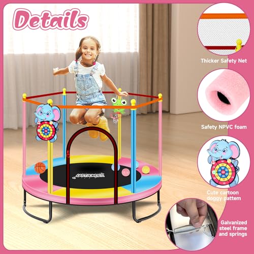 LASTJUMPER Mini Toddler Trampoline 2-10 Years with Safety Enclosure & Basketball, Blue+Yellow+Pink