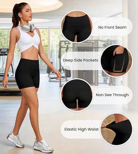 Women's High Waist Biker Shorts with Pockets - No Front Seam Yoga Shorts Black Medium Variation