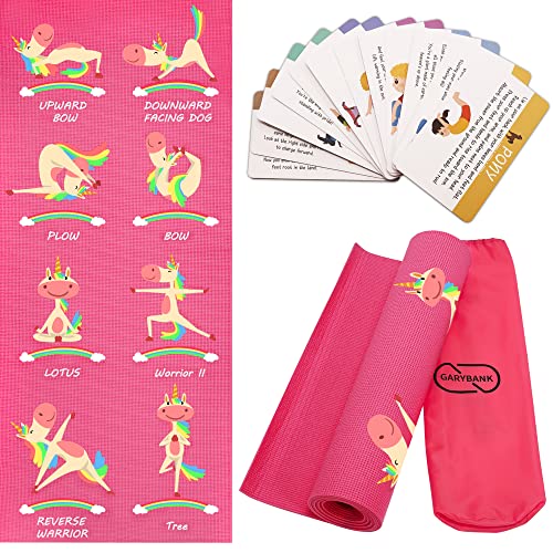 Kids Yoga Mat Set with Unicorn Pink Design, Non-Slip Exercise Mats & 12 Yoga Cards