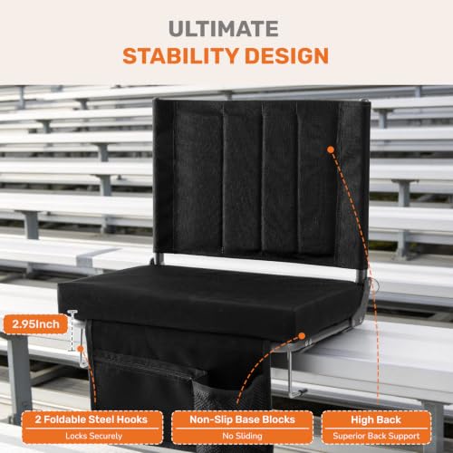 Black Stadium Seats with Back Support 4-Pack | Bleacher Chairs for Sports Events