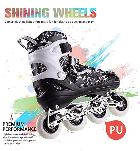 Kids Adjustable Inline Skates with Light Up Wheels - Black Camo, Medium (Kids 13-3 US)