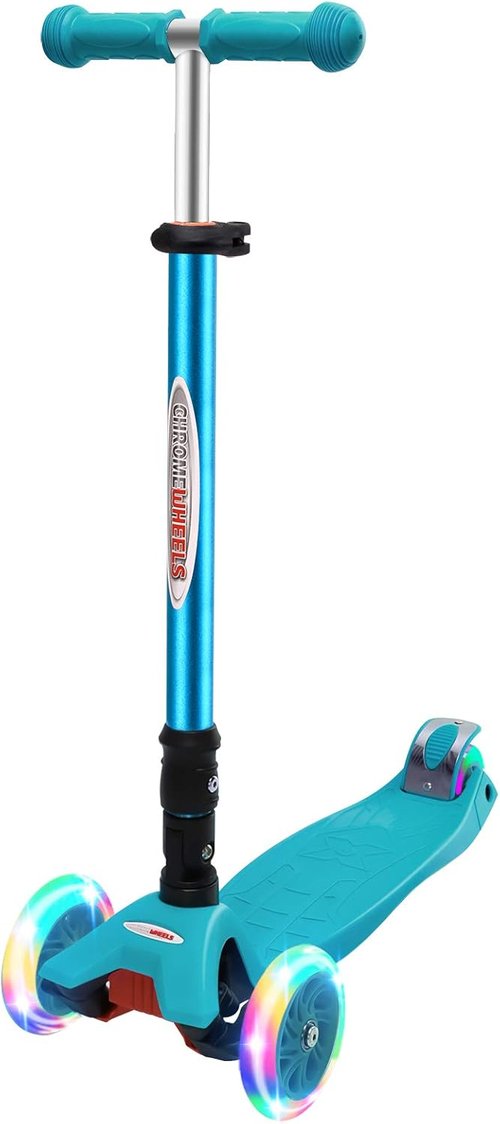 ChromeWheels Foldable Scooter - Deluxe 3-Wheel Kick Scooter with LED Light Up Wheels | Adjustable Height for Kids 3-12 Years Old, 132lbs Limit