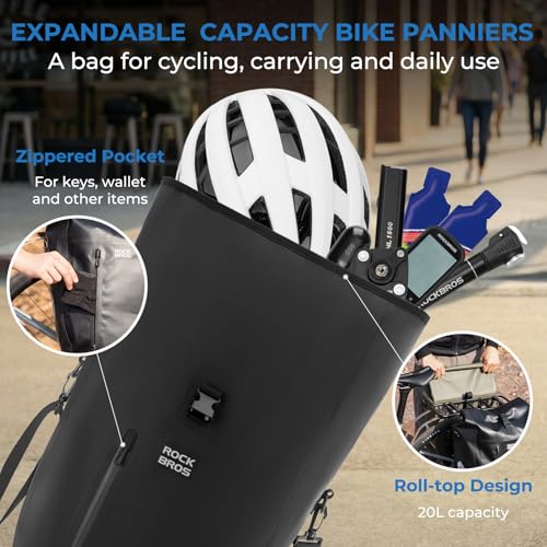 Waterproof Bike Panniers 20L Roll-Top Quick-Release 3-in-1 Bag - Black x2