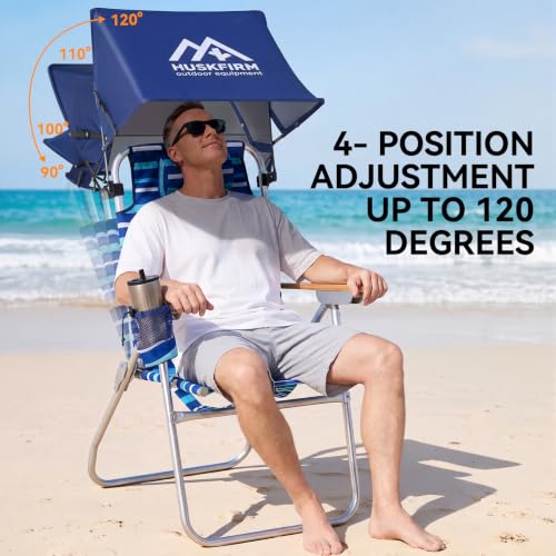 17-Inch Tall Blue Striped Beach Chair with Canopy Shade, Supports 350 lbs