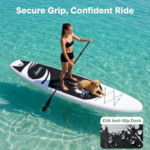 Inflatable Stand Up Paddle Board with Premium Accessories - Black Updated Version, 10'6" Wide Stable Design, 350 lbs Capacity