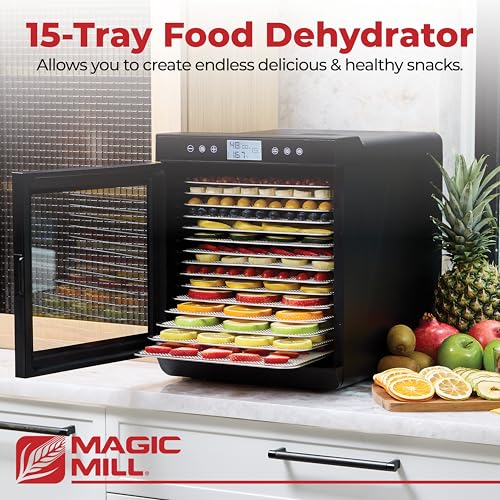Magic Mill Premium Food Dehydrator with Black 15 XL Stainless Steel Trays, 800W Digital Timer