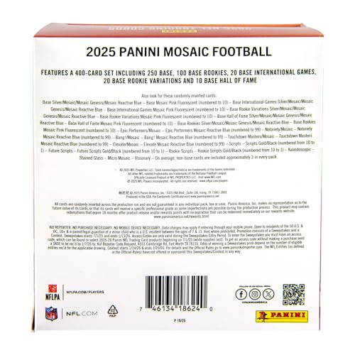 2025 Panini Mosaic Football Trading Cards Mega Box - 42 Card Set with Rares & Inserts