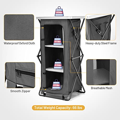 Grey 47-Inch Folding Camping Storage Cabinet with 3 Shelves and Carry Bag