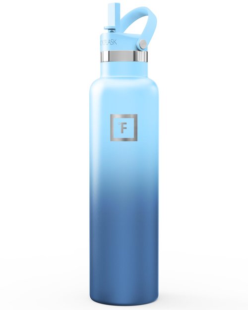 IRON °FLASK Camping & Hiking Hydration Flask with Straw, Narrow Mouth Insulated Stainless Steel Sports Water Bottle - Blue Waves 24 oz - Straw (1 Lid)