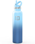 IRON °FLASK Camping & Hiking Hydration Flask with Straw, Narrow Mouth Insulated Stainless Steel Sports Water Bottle - Blue Waves 24 oz - Straw (1 Lid)