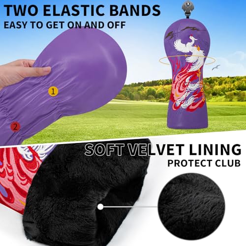 Golf Phoenix Head Cover Golf Club Purple Leather Headcovers Set Fits Driver Fairway Wood Hybrid Utility Putter Iron Wedge Headcover.