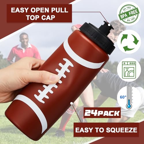 Football Water Bottles Bulk 24 Pack - 20 oz Reusable Sports Squeeze Bottles - Team & Party Favors