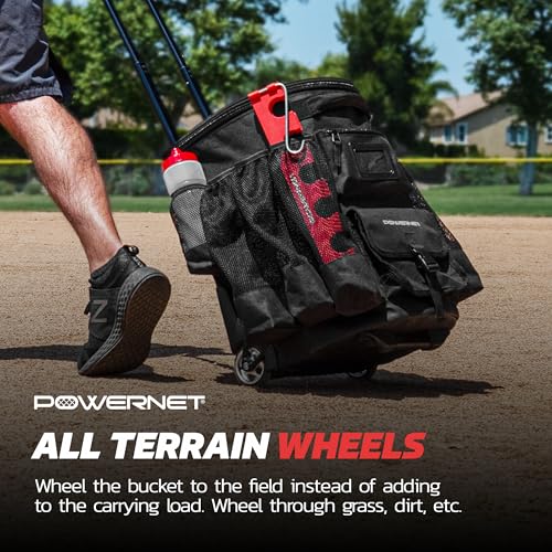 PowerNet Wheeled Baseball Softball Bucket Caddy Cover with Multiple Pockets - All Terrain Organizer for 6-Gallon Buckets