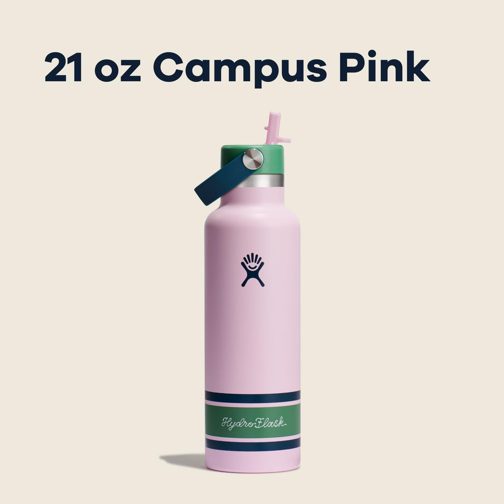 Hydro Flask Water Bottle - Insulated Stainless Steel - Standard Mouth Flex Straw Lid, Non Spill, Leakproof and Refillable in 21 Oz Campus Pink