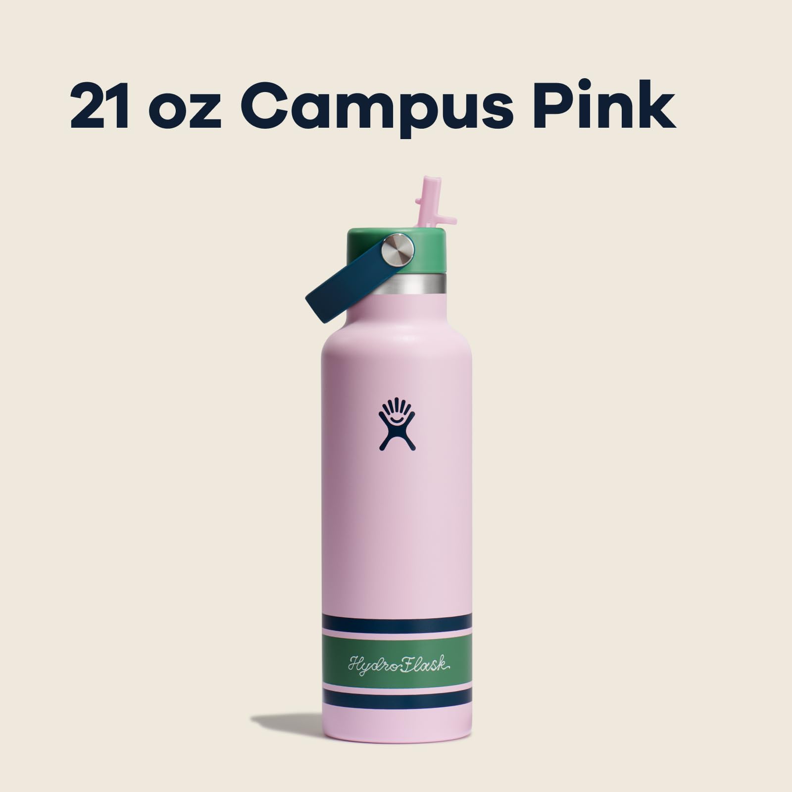 Hydro Flask Water Bottle - Insulated Stainless Steel - Standard Mouth Flex Straw Lid, Non Spill, Leakproof and Refillable in 21 Oz Campus Pink