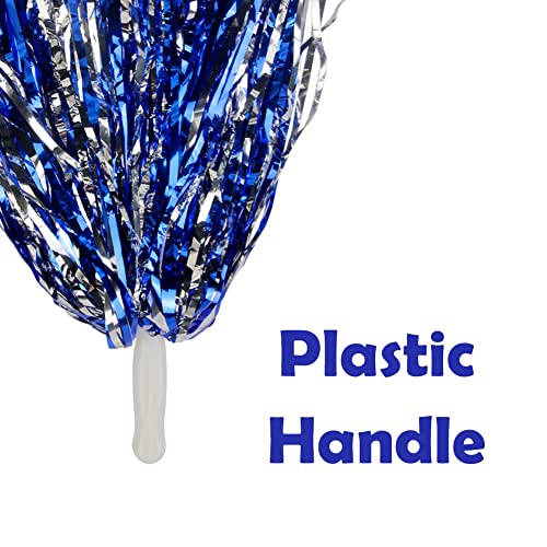 Cheerleading Pom Poms Set Blue and Silver 12 Pieces Metallic Foil with Handles