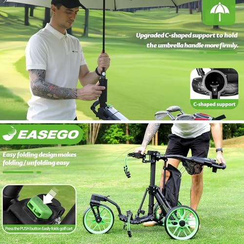 EASEGO Lime Green 3-Wheel Golf Push Cart with Swivel Front Wheels