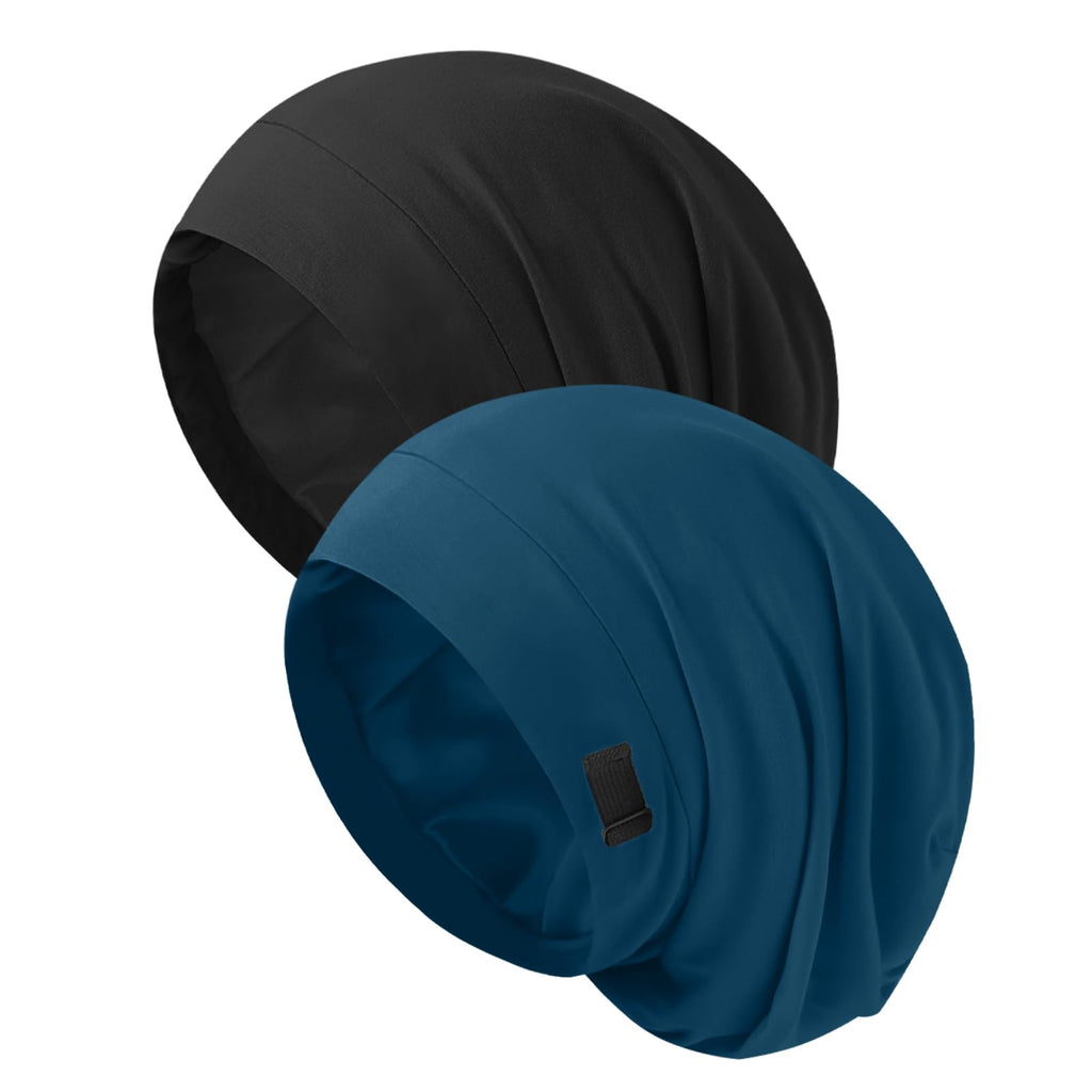 Silk Bonnet for Sleeping Women, Adjustable Silky Satin Lined Sleep Cap, Silk Hair Wrap for Sleep Night Cap for Natural Curly Hair 2PCS(Black&Navy Blue)
