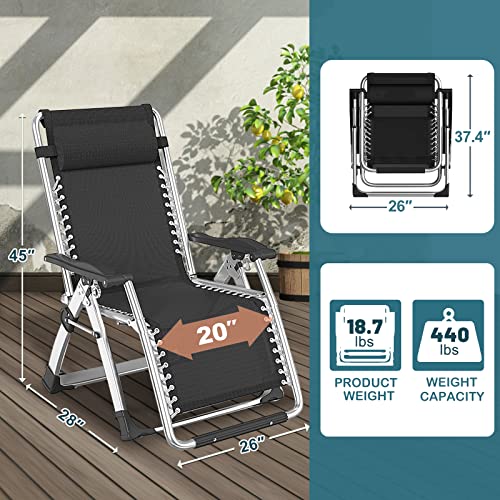 Black Zero Gravity Lounge Chair - Adjustable Folding Outdoor Recliner with Cup Holder