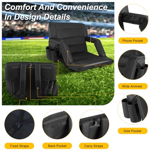 Wide Folding Stadium Seats with Back Support & Cushion 2 Pack - Black