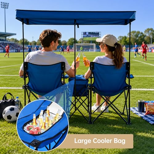 Blue Double Beach Chair with Canopy Shade, Cooler Bag & Cup Holders - Oversized Folding Loveseat for Camping & Beach
