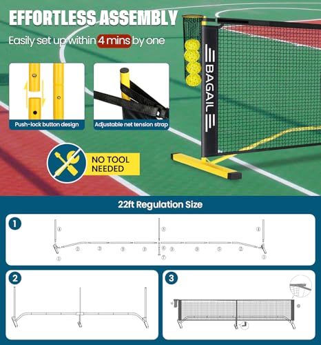 Portable Pickleball Net Set - 22 FT Regulation Size with Ball Collector - Yellow/Black