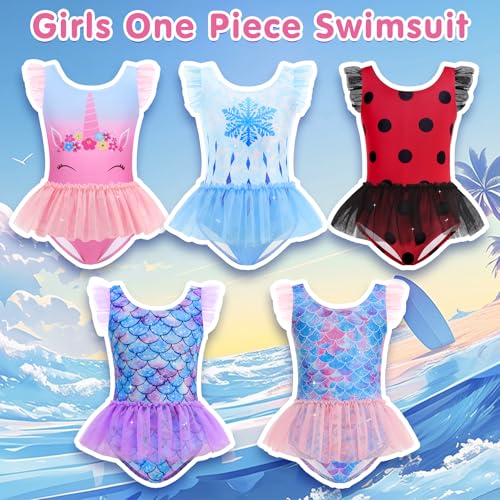 Girls One Piece Swimsuit - Princess Bathing Suit for 5-6 Years Dream Pink