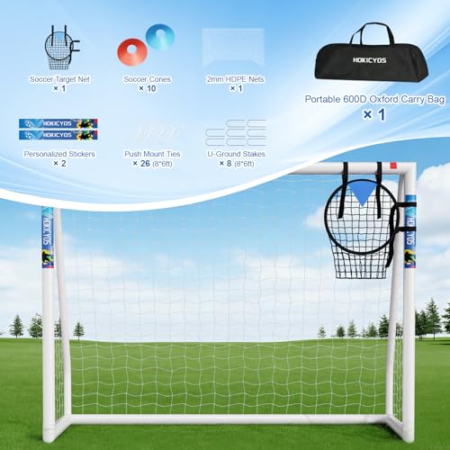 Hokicyos 8x6 Ft Portable Weatherproof Soccer Goal with Target Net, 10 Cones & Carry Bag