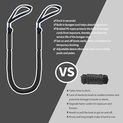 4 Feet Bungee Dock Lines with Loops for Boats & PWC – Black, Set of 2