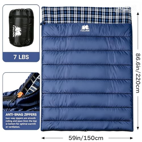 FJALLNOK Queen Size Cotton Flannel Double Sleeping Bag - Blue, 3-Season Warm Camping Bed for Adults