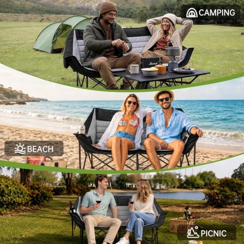 Black 2-Person Folding Camping Loveseat Outdoor Chair with Padded Seat & Storage
