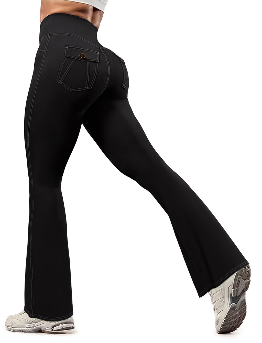 SEASUM Cargo Yoga Flare Leggings for Women Flap Pockets Butt Lifting Workout Gym Contrast Stitching Bootcut Casual Pants Imitation Jeans Black XL