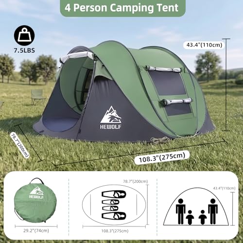 HEWOLF 4-Person Pop Up Camping Tent - Instant Waterproof Family Tent, Easy Setup, Mosquito Mesh, Green