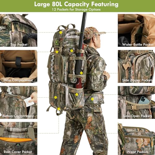 Wild Cedar 80L Waterproof Camo Hunting Backpack with Rain Cover, Men’s 60/80L