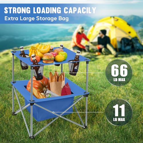 Blue Portable Folding Camping Table with 4 Cup Holders & Storage Case - Lightweight Outdoor Picnic & Tailgating Table