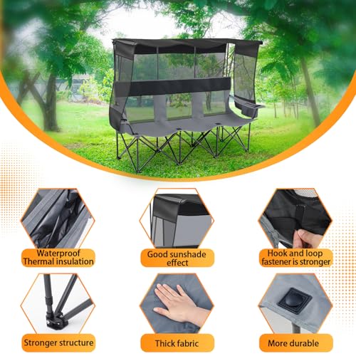 Teenyyou 3 Person Camping Chair with Canopy - Heavy Duty 990lbs Support, Black Gray