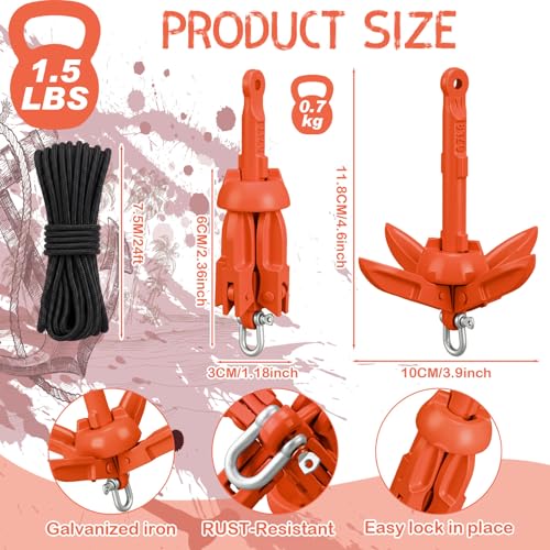 Orange Folding Grapnel Anchor Kit for Kayaks - 1.5 lb with 40ft Rope and Accessories