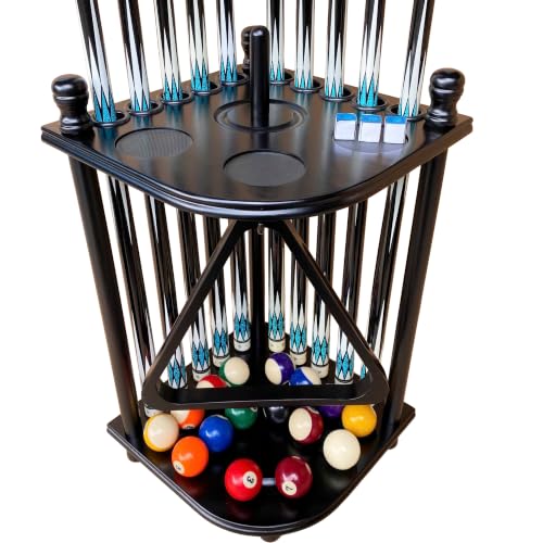 Black Pool Cue Rack Floor Stand for 10 Cues | Hardwood Billiard Accessories