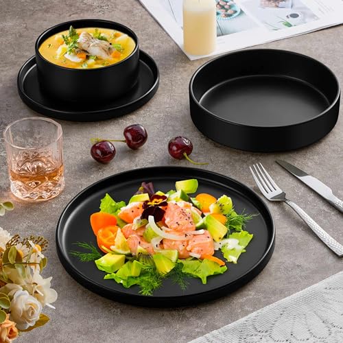 Herogo Matte Black Dinnerware Set for 6 - 24 Piece Stoneware Plates, Bowls & Pasta Bowls