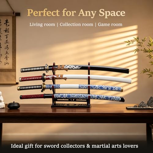 4-Tier Sword Wall Mount & Desktop Rack with Red Velvet Lining, Wall & Freestanding Display