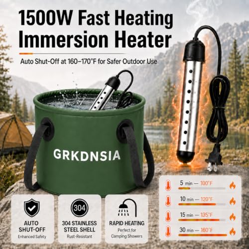 Portable Camping Shower with Heater and Solar Panel - 5 Gallon Water Bucket