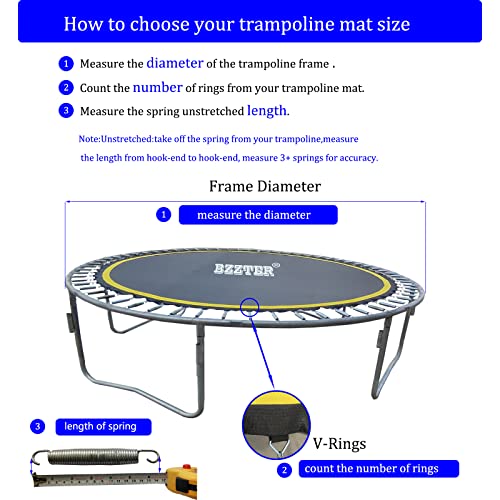 Bzzter 12ft Trampoline Replacement Mat with 10 Rows Stitching & 72 Rings, Fits 12ft Frame, 7-inch Springs, Includes Pull Hook & Gloves