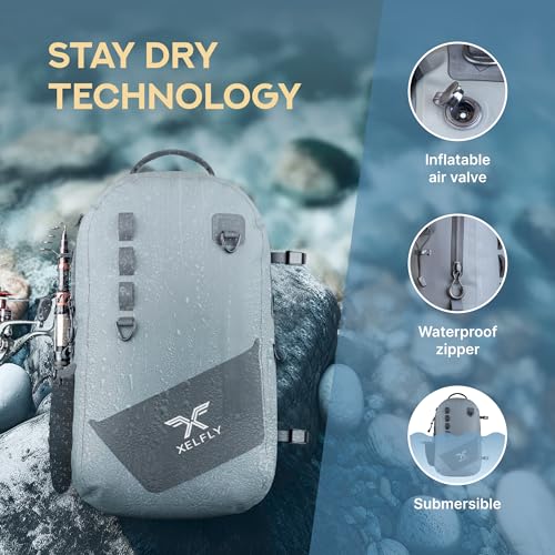 Xelfly Gray Waterproof Fishing Backpack with Rod Holder & Inflatable Buoyancy