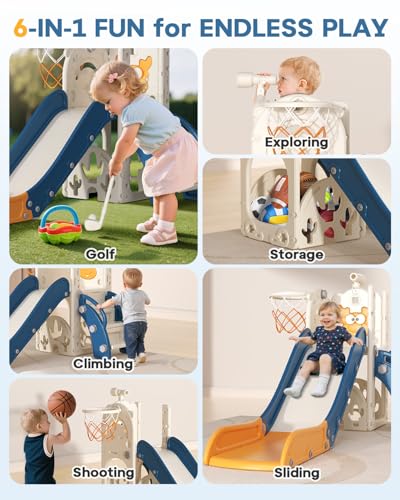 BIERUM 6-in-1 Toddler Slide for Kids Indoor & Outdoor, Blue & Yellow