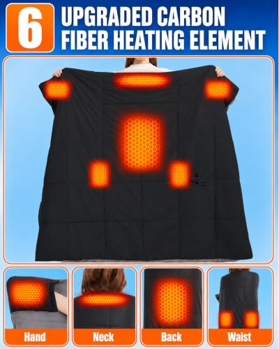 Large Battery-Powered Heated Blanket 62x55in Portable Cordless for Outdoor Use - Black