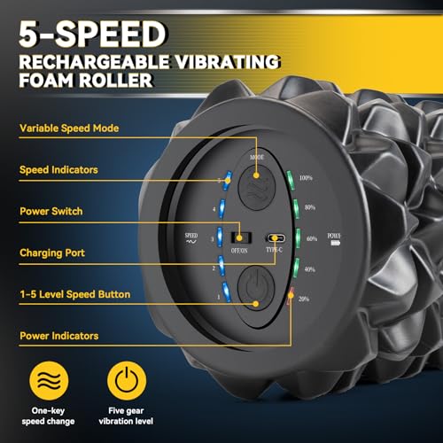 LTHTRADE Black 5-Speed Rechargeable Vibrating Foam Roller for Muscle Recovery