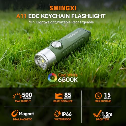 Green Rechargeable Keychain Flashlight with Magnetic Base - Compact EDC Tool
